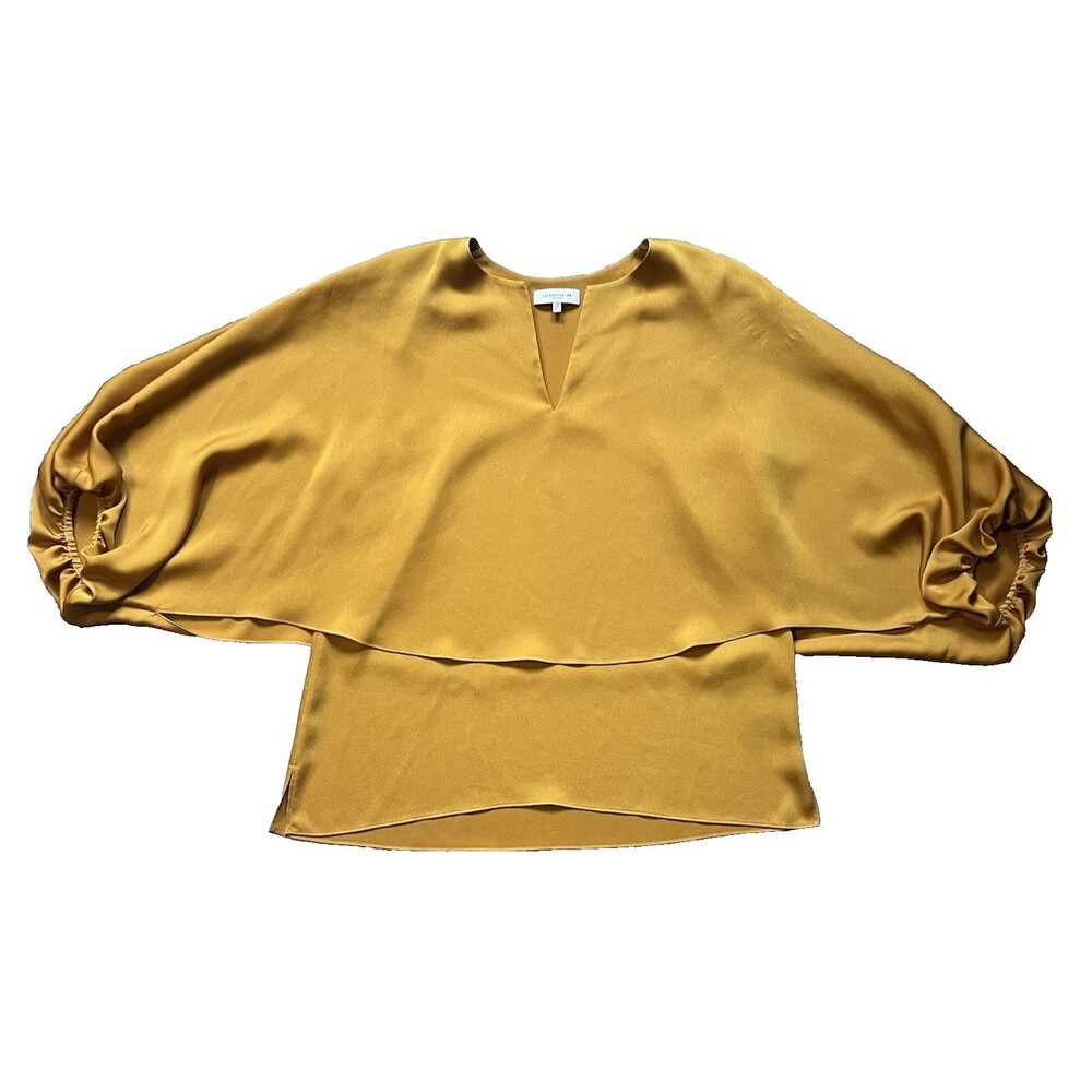 LAFAYETTE 148 New York Gold Satin Tiered Kenna Blouse Size Medium Blouson Sleeve